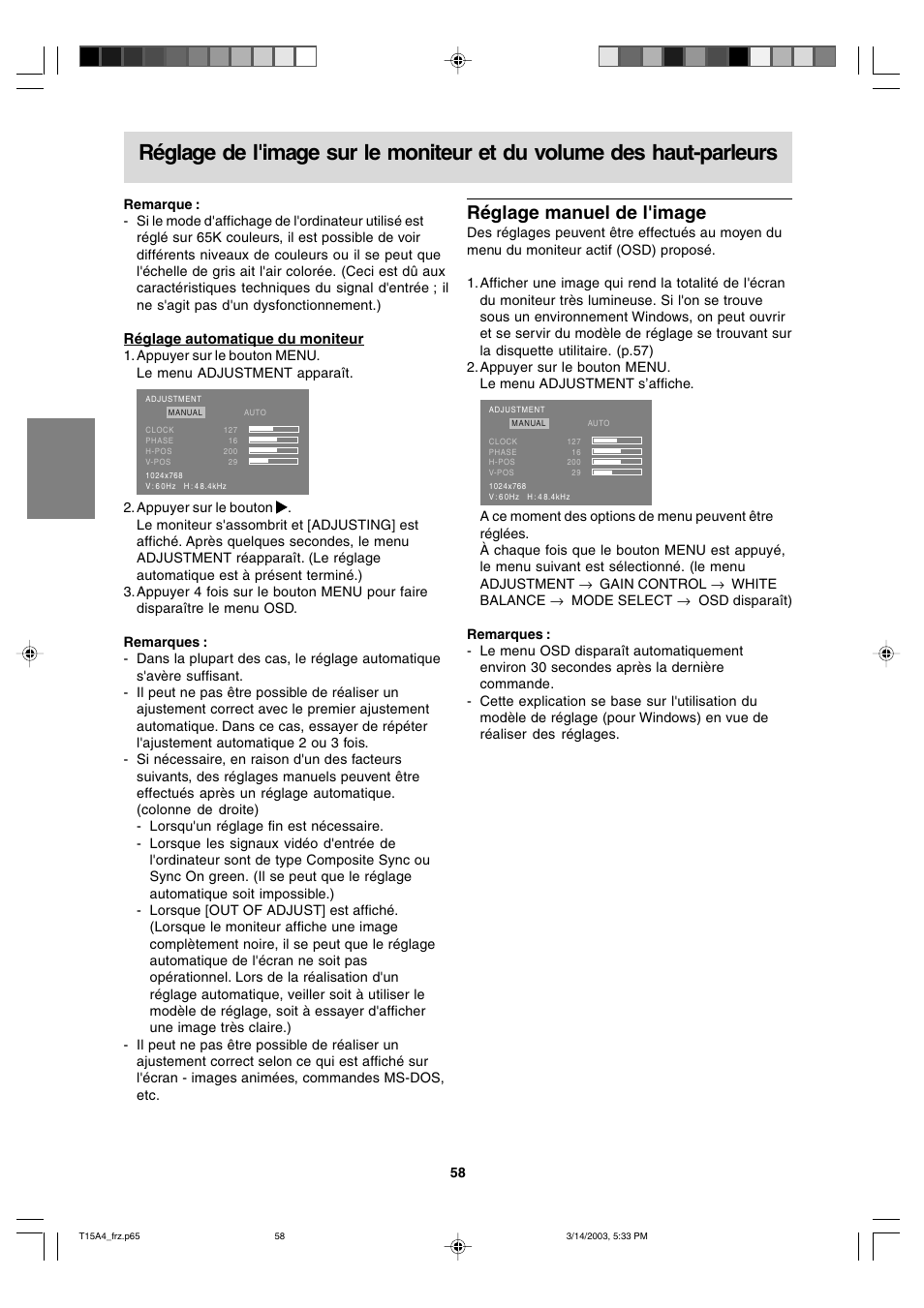 Réglage manuel de l'image | Sharp LL-T15A4 User Manual | Page 58 / 108