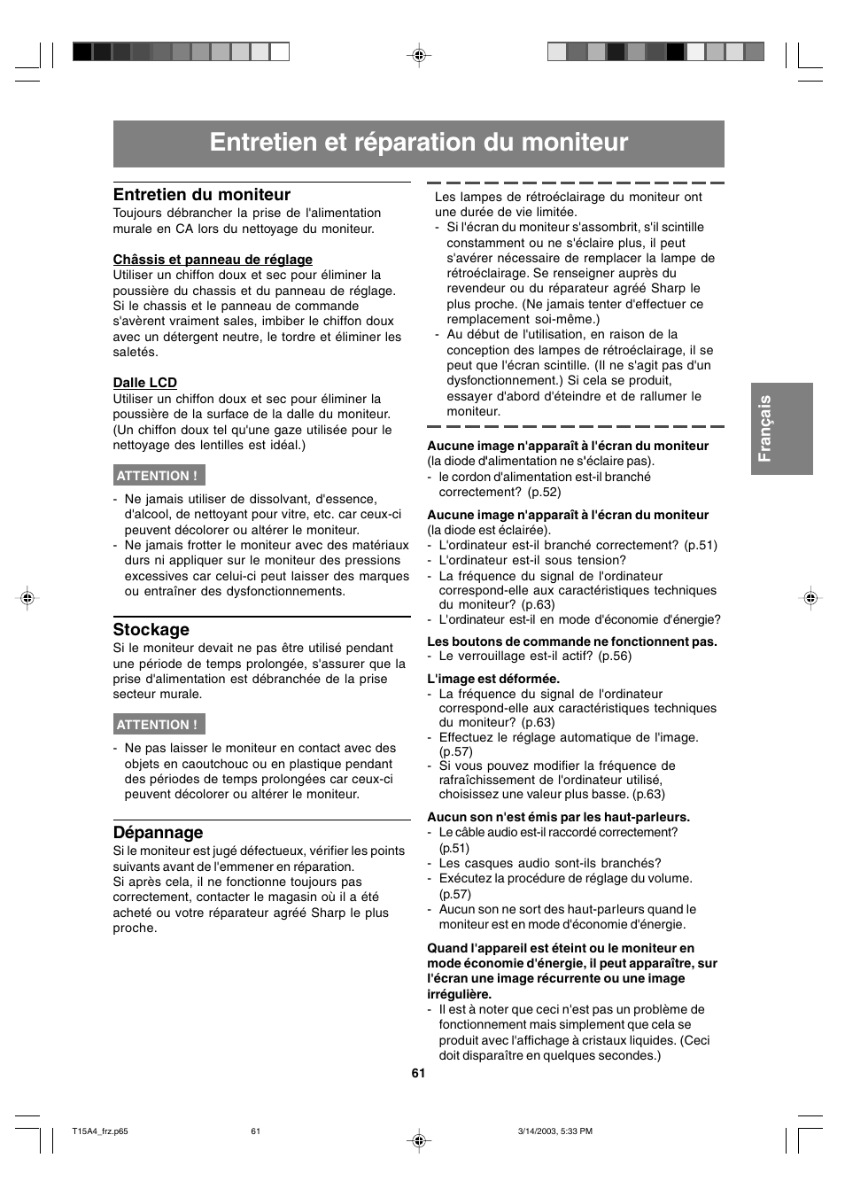 Entretien et réparation du moniteur, Entretien du moniteur, Stockage | Dépannage | Sharp LL-T15A4 User Manual | Page 61 / 108