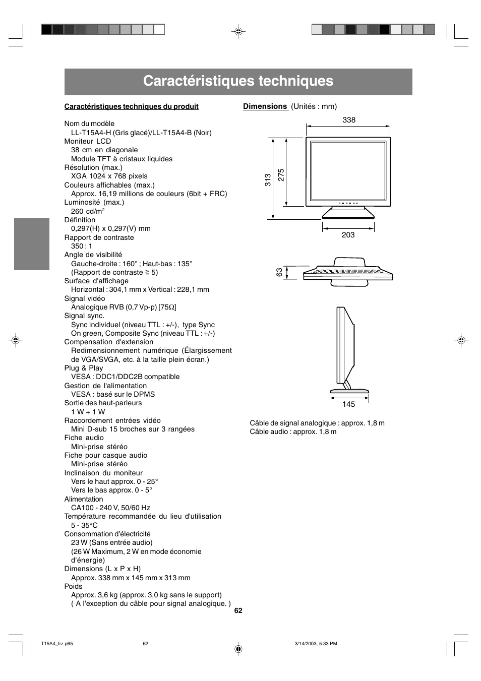 Caractéristiques techniques | Sharp LL-T15A4 User Manual | Page 62 / 108