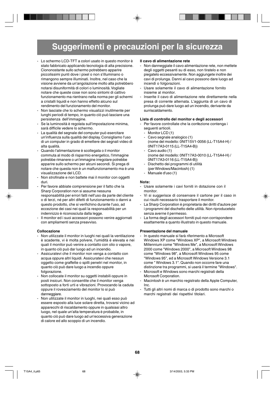 Suggerimenti e precauzioni per la sicurezza | Sharp LL-T15A4 User Manual | Page 68 / 108