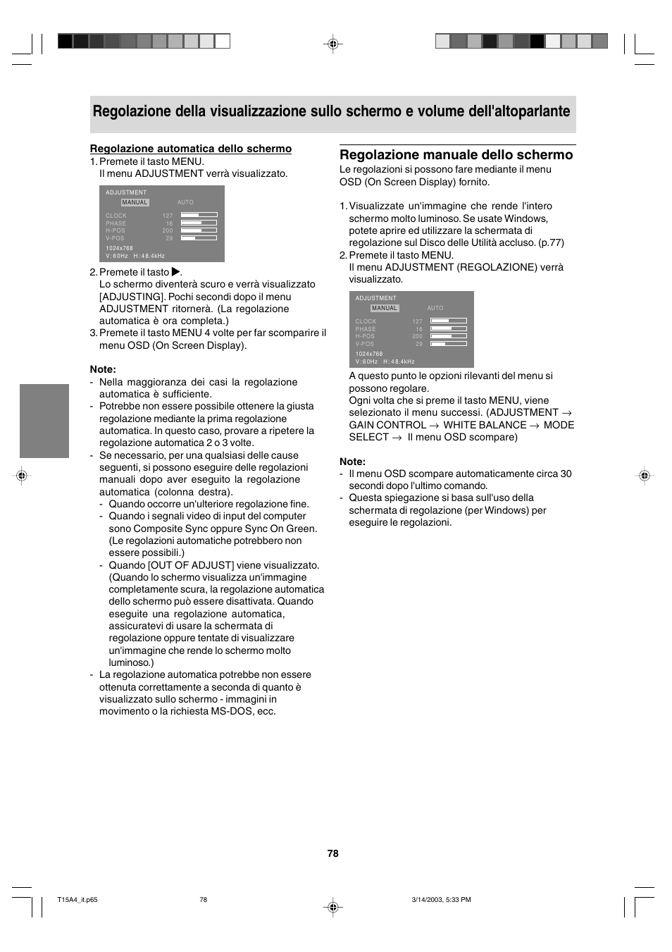 Regolazione manuale dello schermo | Sharp LL-T15A4 User Manual | Page 78 / 108
