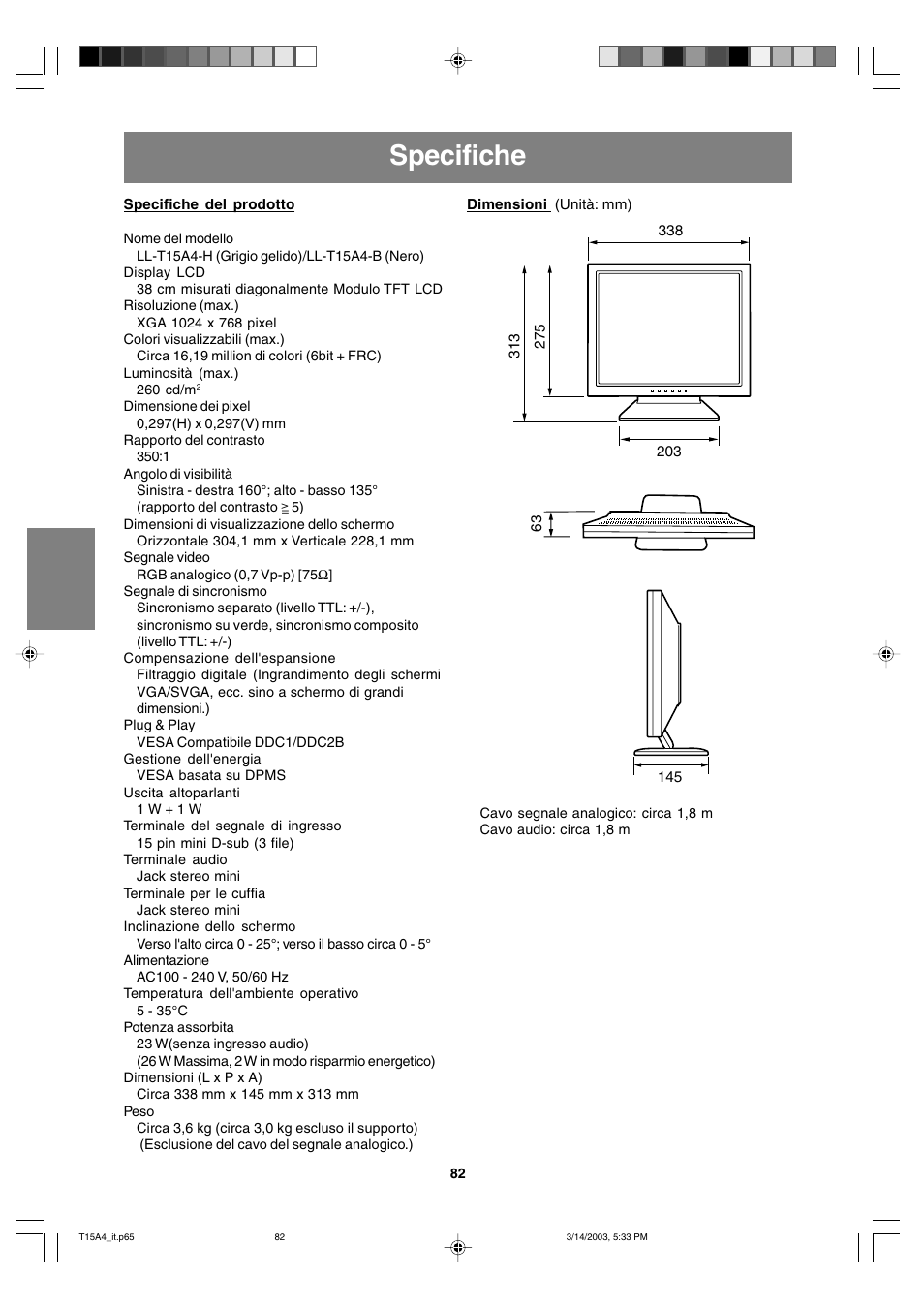 Specifiche | Sharp LL-T15A4 User Manual | Page 82 / 108