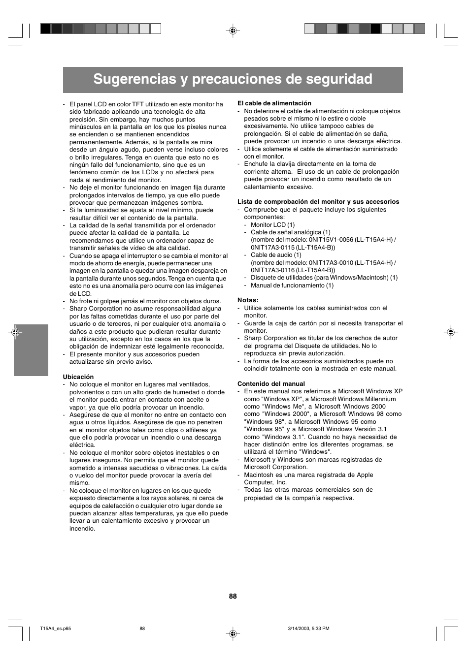 Sugerencias y precauciones de seguridad | Sharp LL-T15A4 User Manual | Page 88 / 108