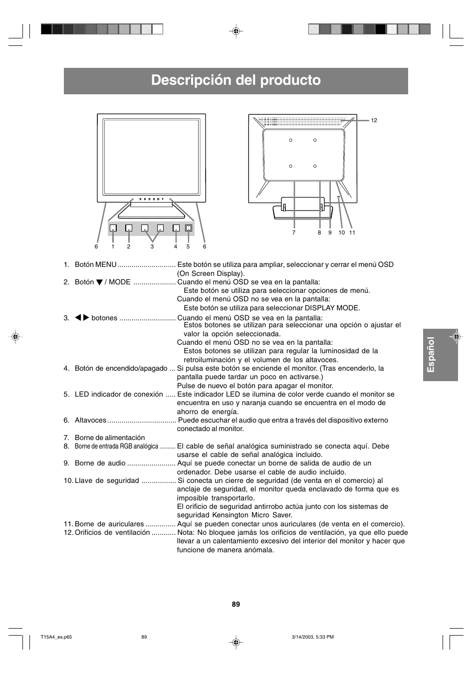 Descripción del producto | Sharp LL-T15A4 User Manual | Page 89 / 108