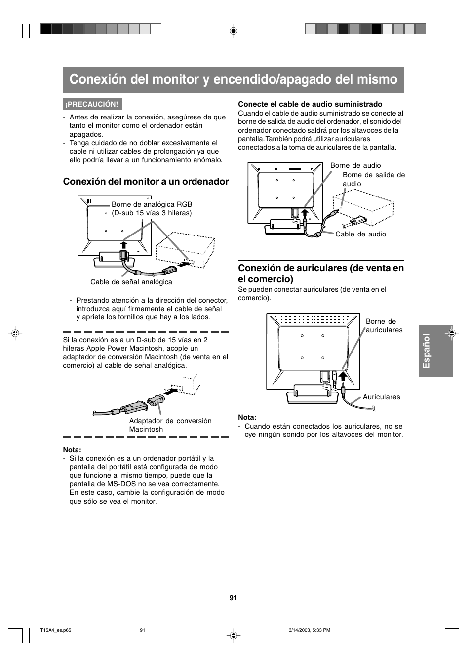Conexión del monitor y encendido/apagado del mismo, Conexión del monitor a un ordenador, Conexión de auriculares (de venta en el comercio) | Sharp LL-T15A4 User Manual | Page 91 / 108