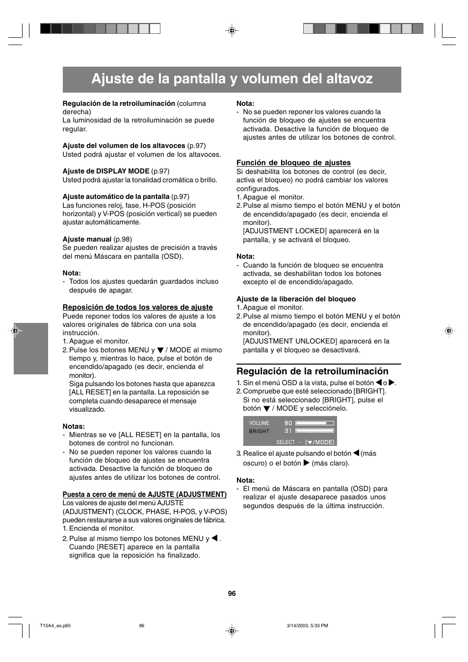 Ajuste de la pantalla y volumen del altavoz, Regulación de la retroiluminación | Sharp LL-T15A4 User Manual | Page 96 / 108