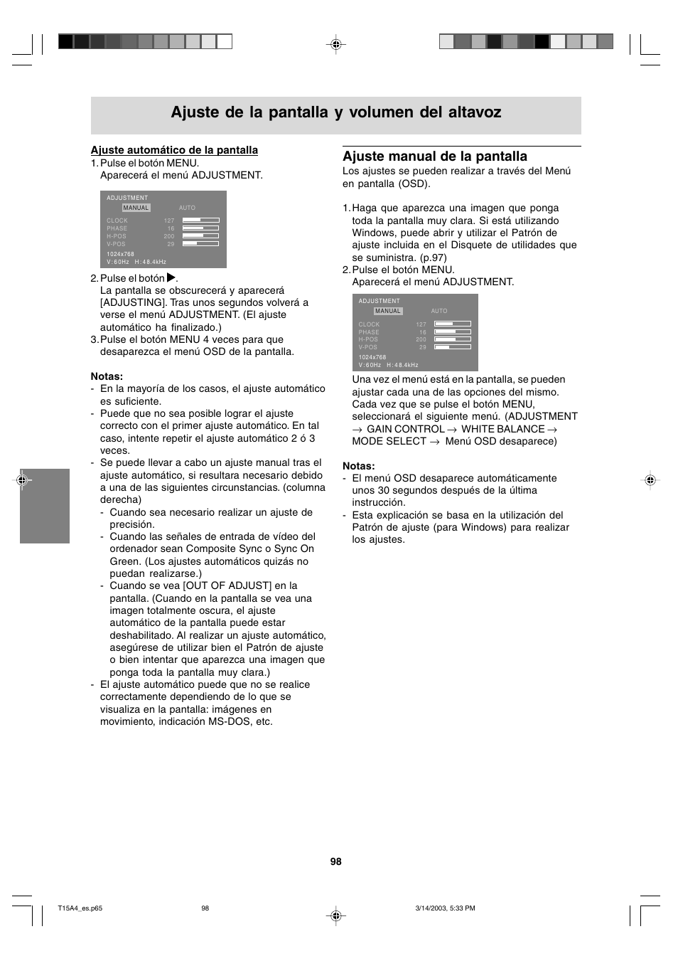 Ajuste de la pantalla y volumen del altavoz, Ajuste manual de la pantalla, Ajuste automático de la pantalla | Sharp LL-T15A4 User Manual | Page 98 / 108