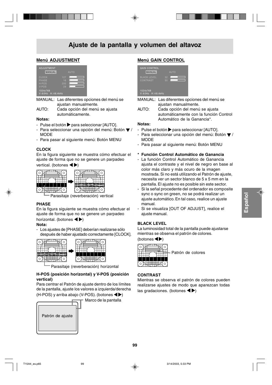 Ajuste de la pantalla y volumen del altavoz | Sharp LL-T15A4 User Manual | Page 99 / 108