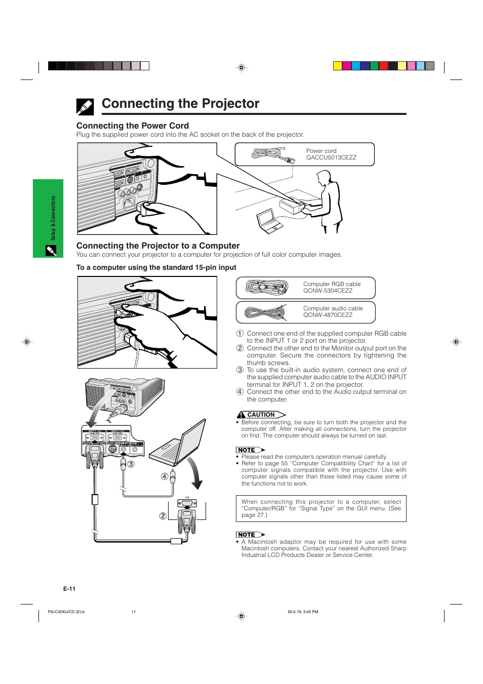 Connecting the projector, Connecting the power cord, Connecting the projector to a computer | Sharp PG-C30XU User Manual | Page 12 / 64