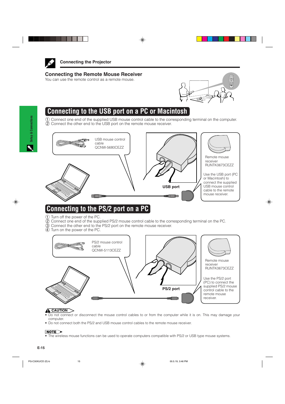 Connecting to the usb port on a pc or macintosh, Connecting to the ps/2 port on a pc, Connecting the remote mouse receiver | Sharp PG-C30XU User Manual | Page 16 / 64