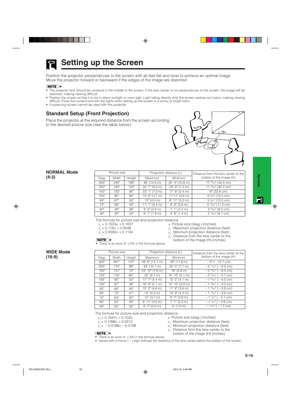 Setting up the screen, Standard setup (front projection) | Sharp PG-C30XU User Manual | Page 19 / 64