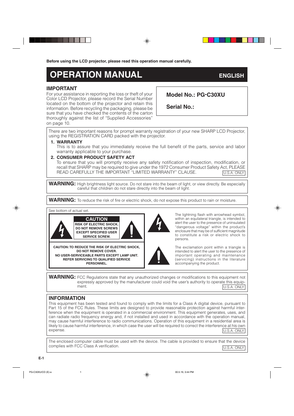 Operation manual, English model no.: pg-c30xu serial no, Important | Information, Warning | Sharp PG-C30XU User Manual | Page 2 / 64