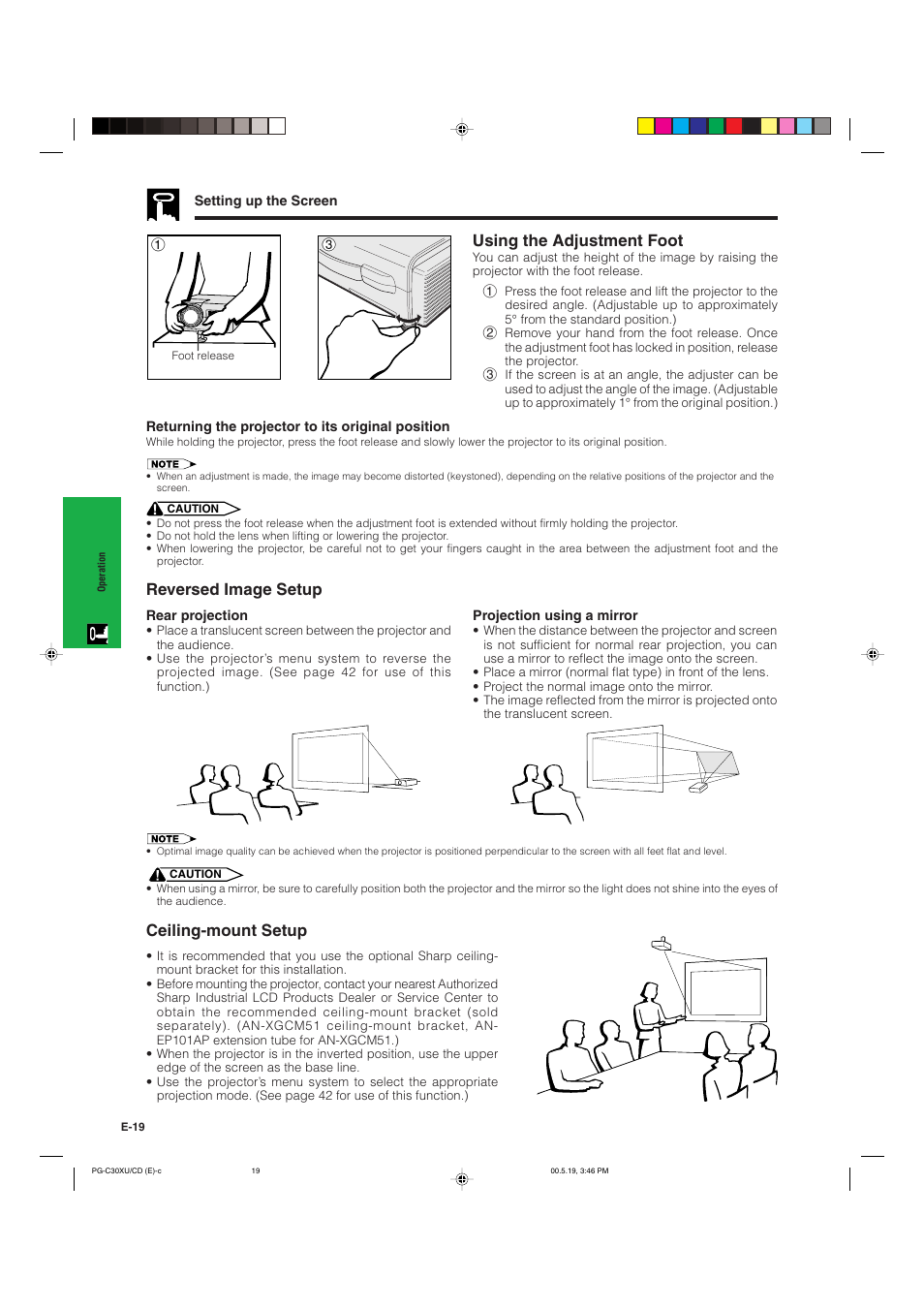 Using the adjustment foot, Reversed image setup, Ceiling-mount setup | Sharp PG-C30XU User Manual | Page 20 / 64