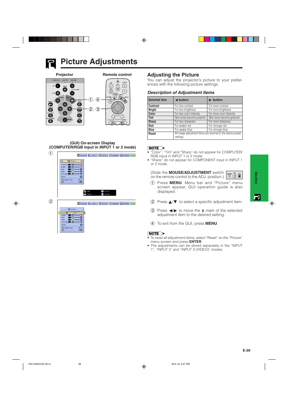 Picture adjustments, Adjusting the picture | Sharp PG-C30XU User Manual | Page 27 / 64