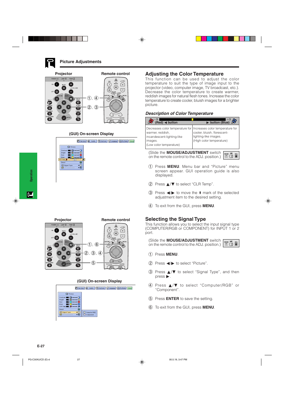 Adjusting the color temperature, Selecting the signal type | Sharp PG-C30XU User Manual | Page 28 / 64