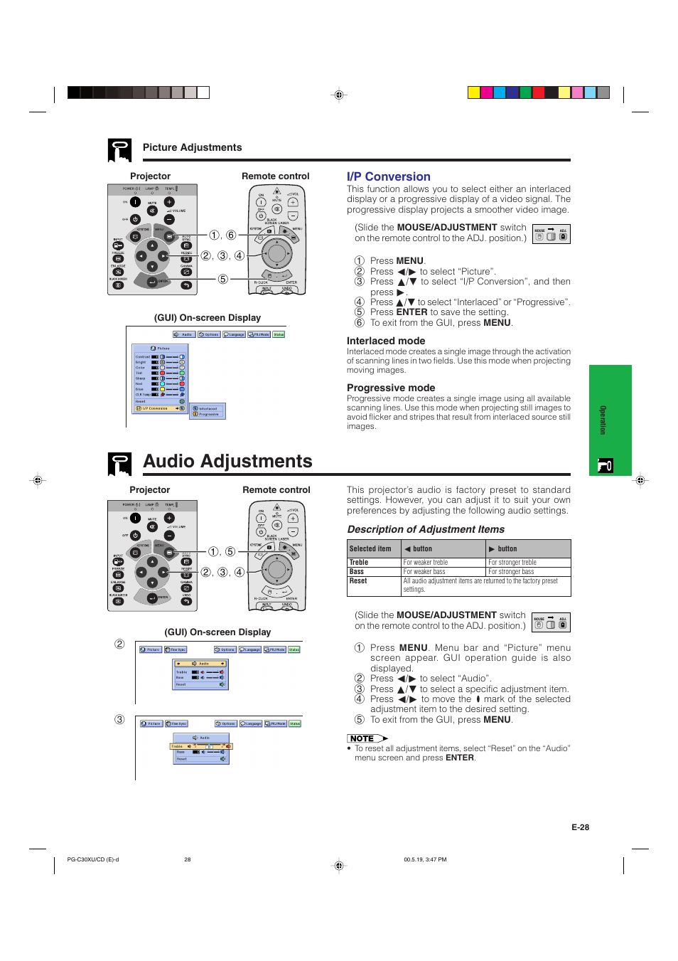 Audio adjustments, I/p conversion | Sharp PG-C30XU User Manual | Page 29 / 64