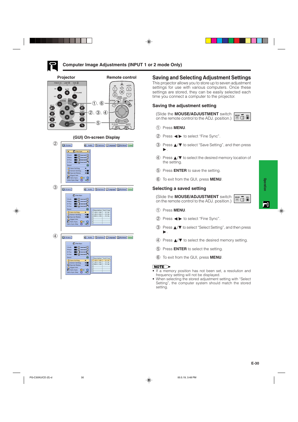 Saving and selecting adjustment settings | Sharp PG-C30XU User Manual | Page 31 / 64