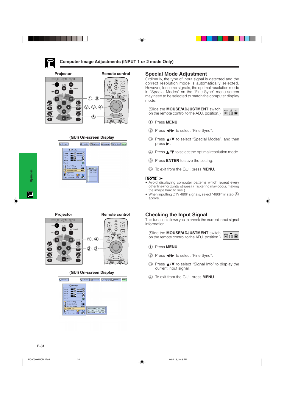 Special mode adjustment, Checking the input signal | Sharp PG-C30XU User Manual | Page 32 / 64