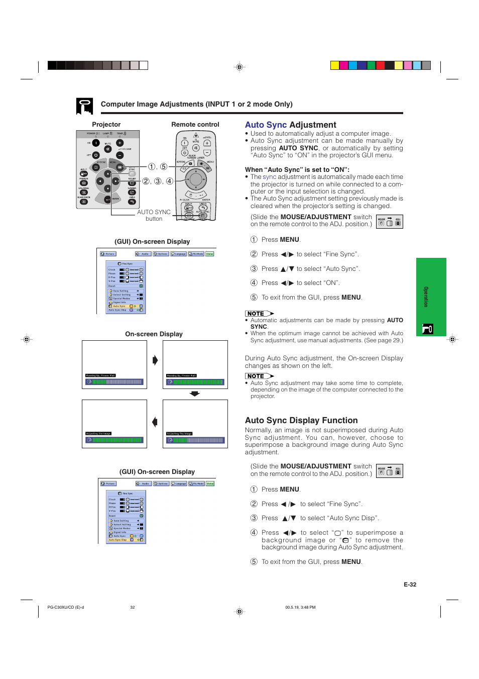 Gs f, Auto sync adjustment, Auto sync display function | Sharp PG-C30XU User Manual | Page 33 / 64