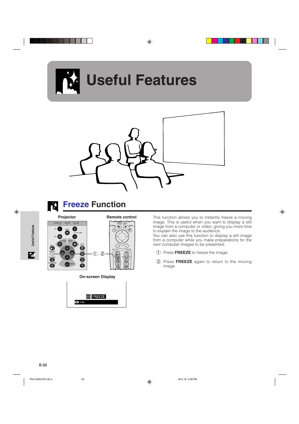 Useful features, Freeze function | Sharp PG-C30XU User Manual | Page 34 / 64