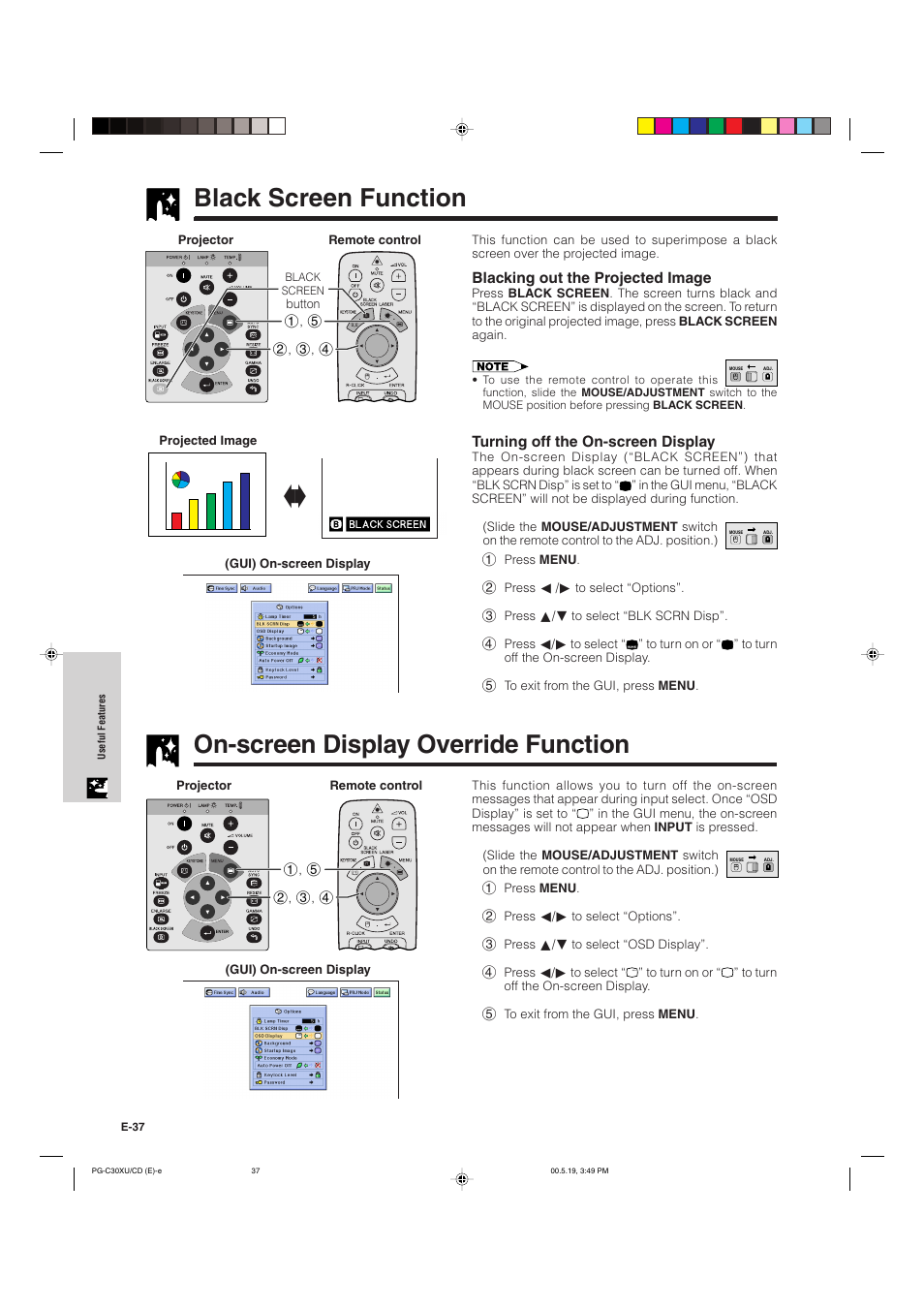 Black screen function, On-screen display override function | Sharp PG-C30XU User Manual | Page 38 / 64