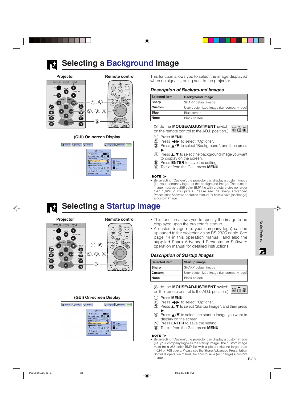 Selecting a background image, Selecting a startup image | Sharp PG-C30XU User Manual | Page 39 / 64