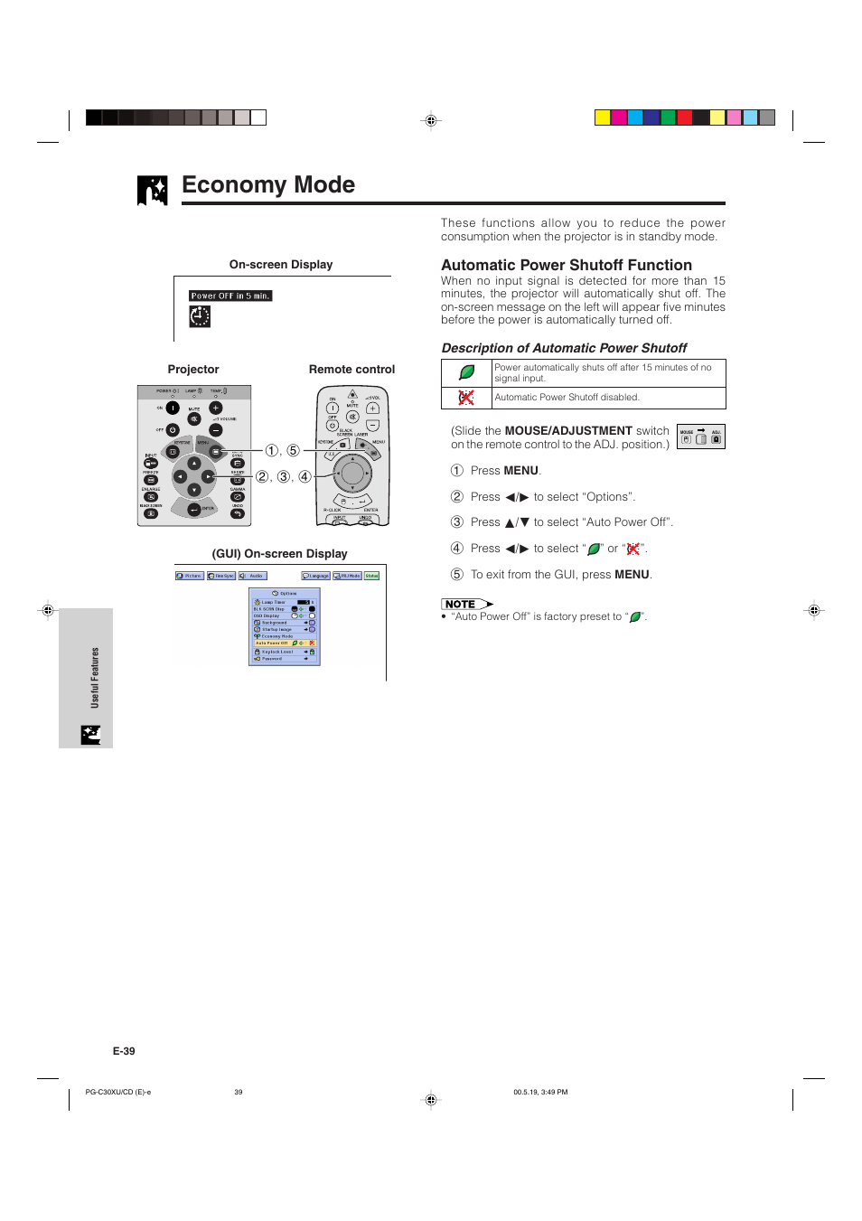 Economy mode, Automatic power shutoff function | Sharp PG-C30XU User Manual | Page 40 / 64