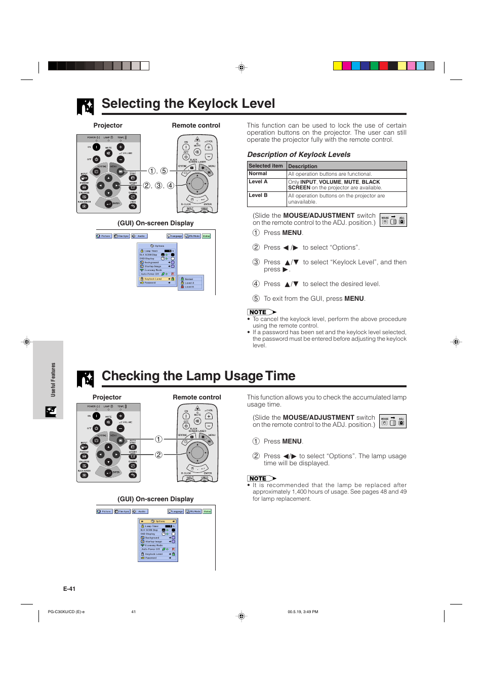 Selecting the keylock level, Checking the lamp usage time | Sharp PG-C30XU User Manual | Page 42 / 64