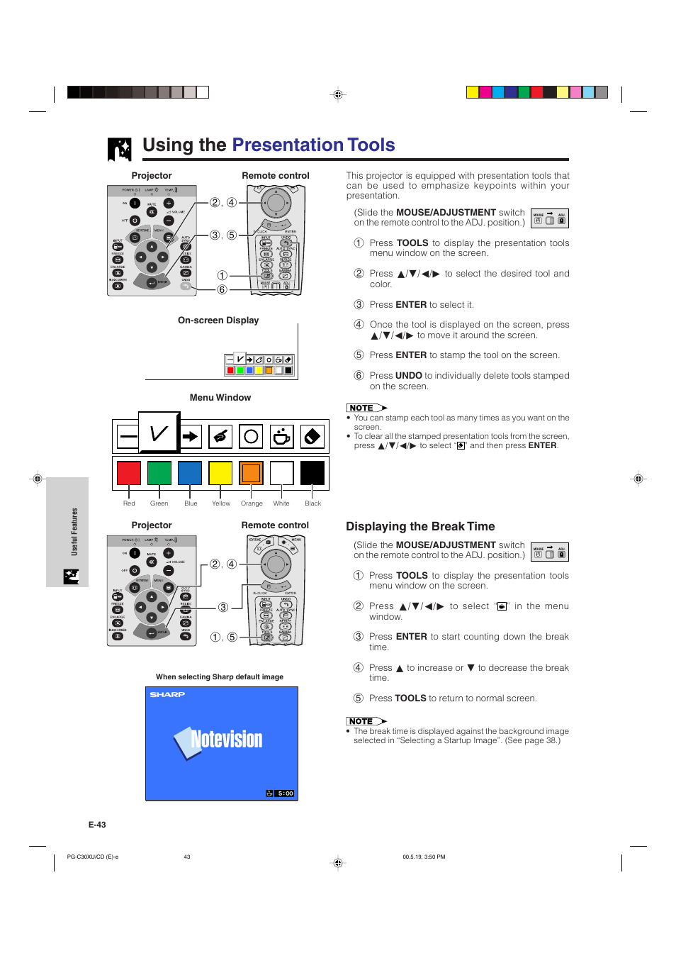 Using the presentation tools, Displaying the break time | Sharp PG-C30XU User Manual | Page 44 / 64