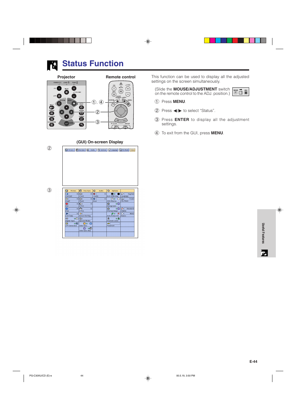 Status function | Sharp PG-C30XU User Manual | Page 45 / 64