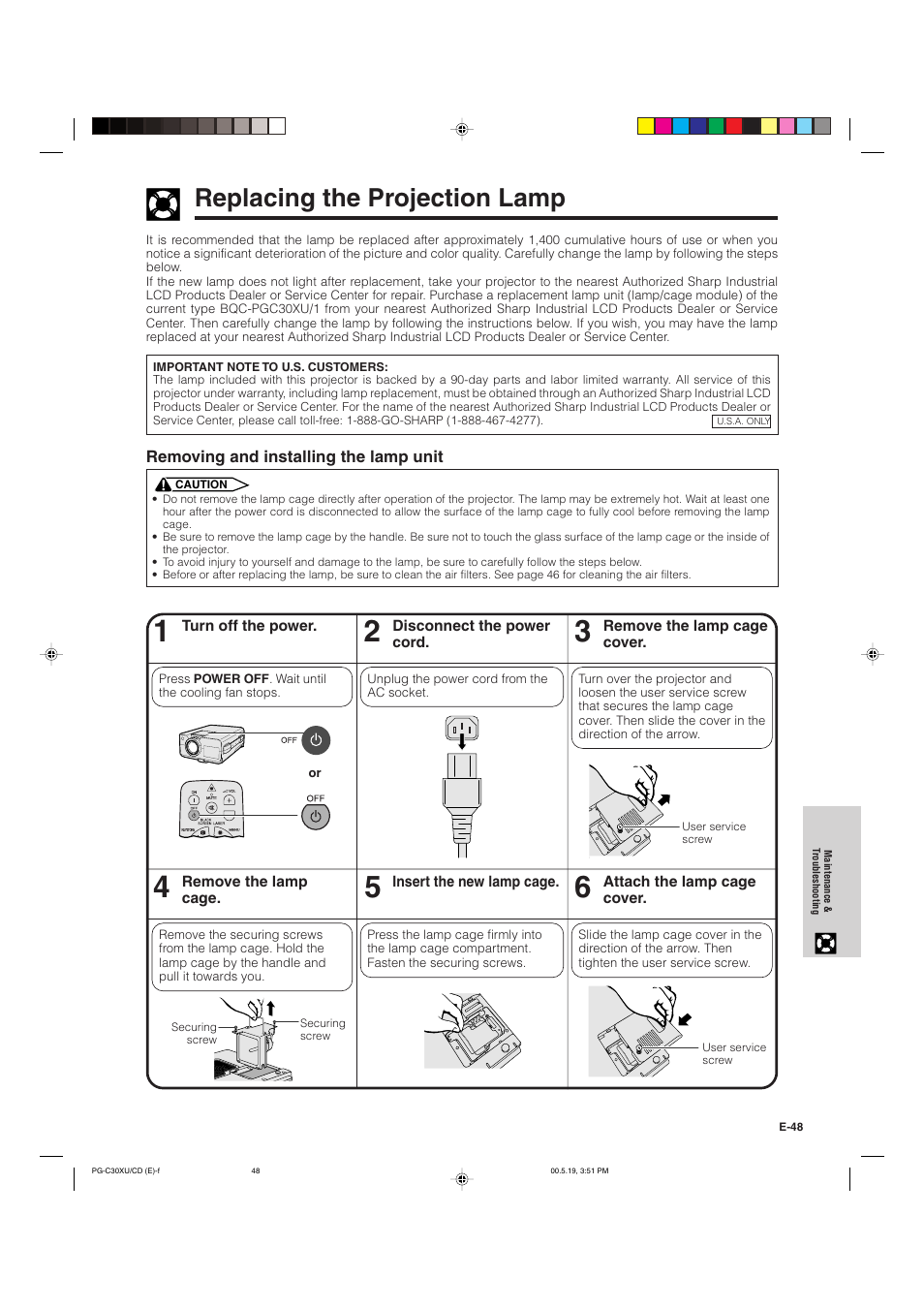 Replacing the projection lamp | Sharp PG-C30XU User Manual | Page 49 / 64