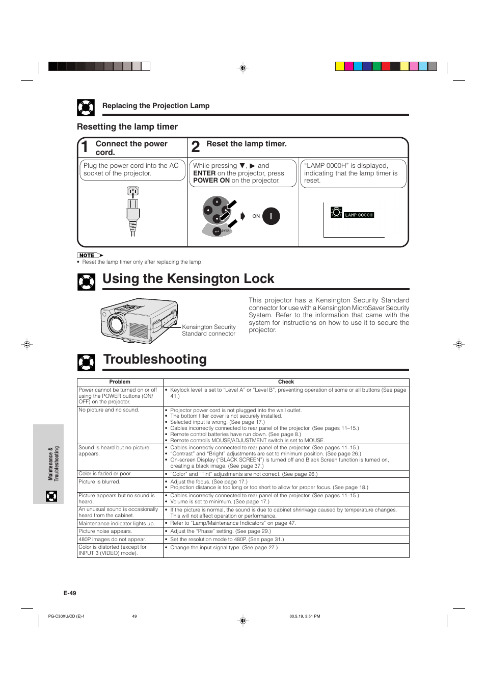 Using the kensington lock, Troubleshooting, Resetting the lamp timer | Sharp PG-C30XU User Manual | Page 50 / 64