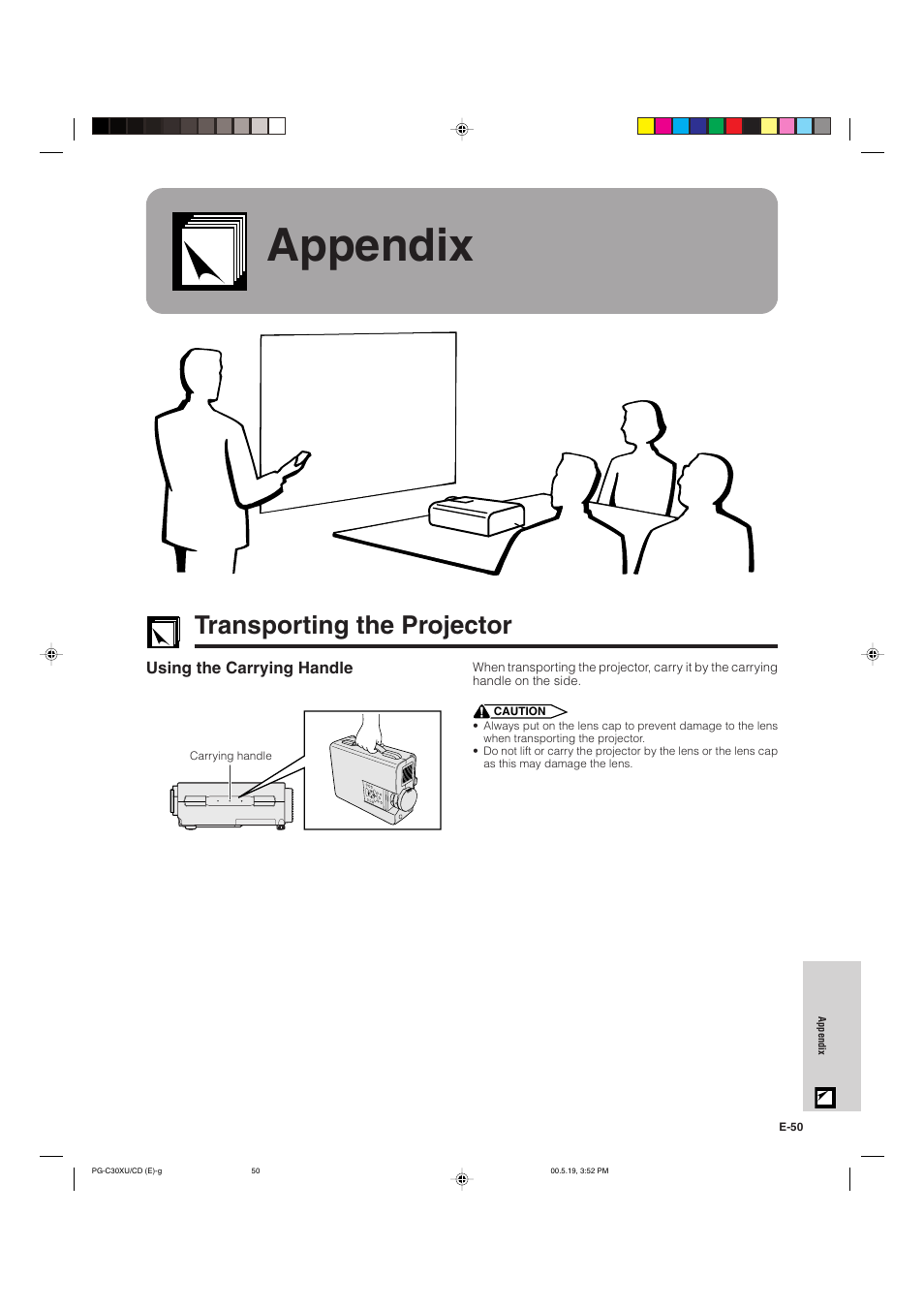 Appendix, Transporting the projector | Sharp PG-C30XU User Manual | Page 51 / 64