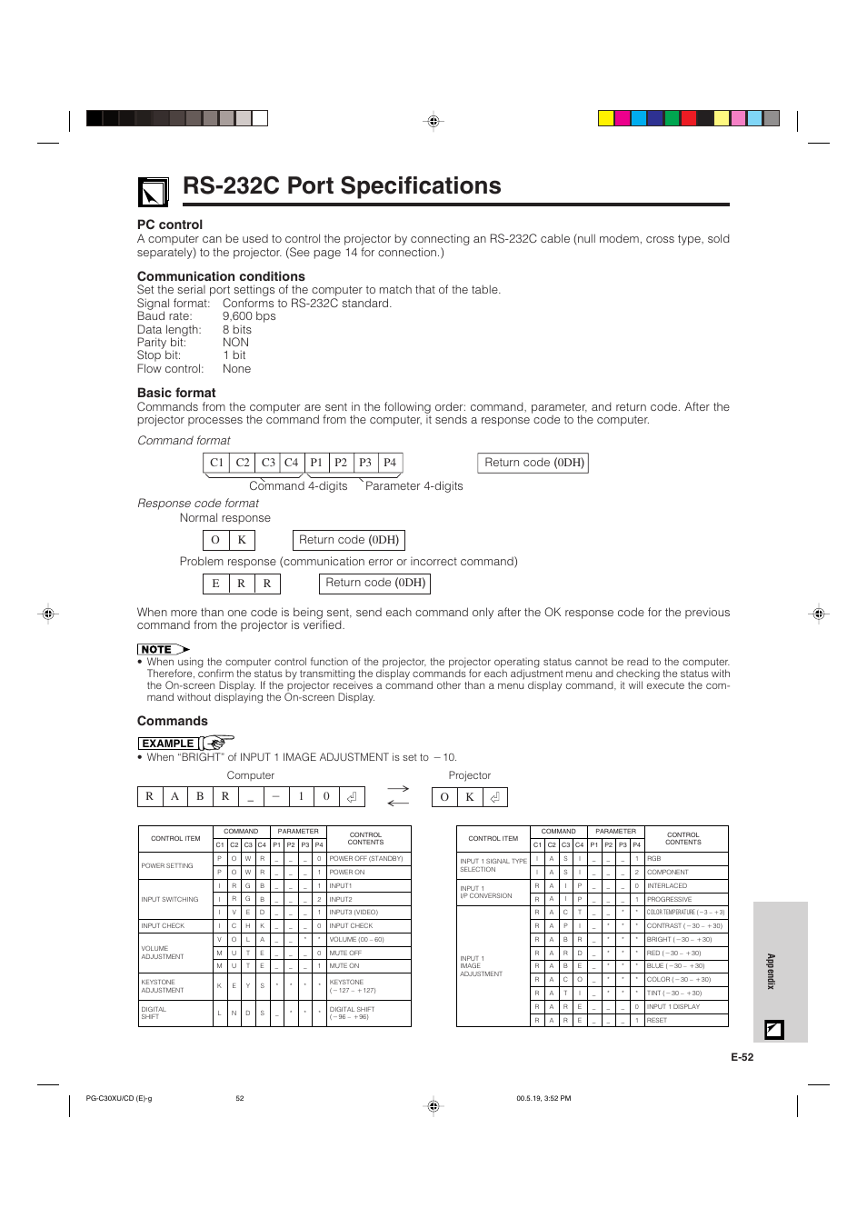Rs-232c port specifications, Pc control, Communication conditions | Basic format, Commands | Sharp PG-C30XU User Manual | Page 53 / 64