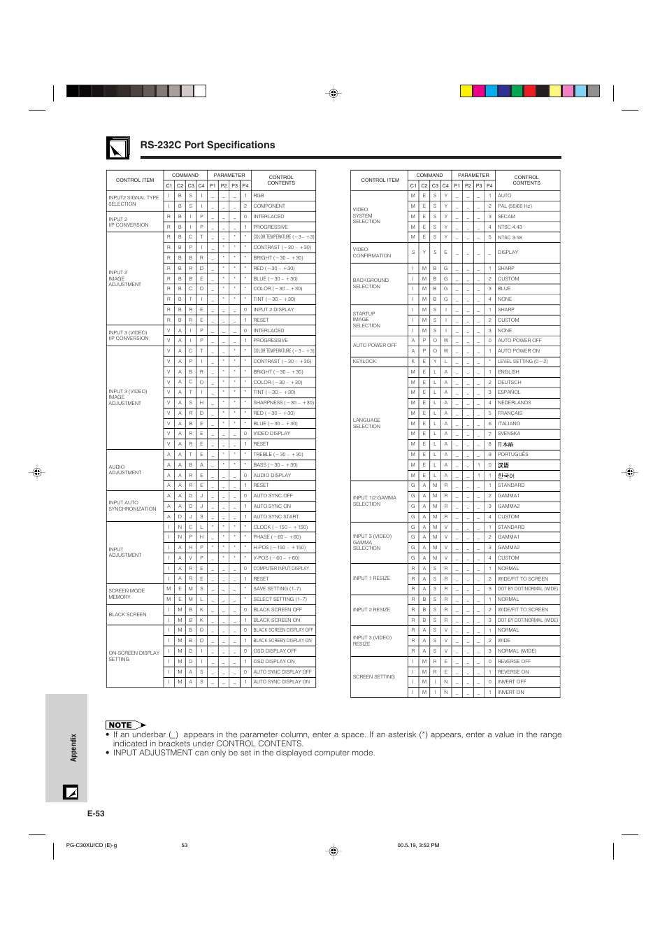 Rs-232c port specifications, E-53 | Sharp PG-C30XU User Manual | Page 54 / 64