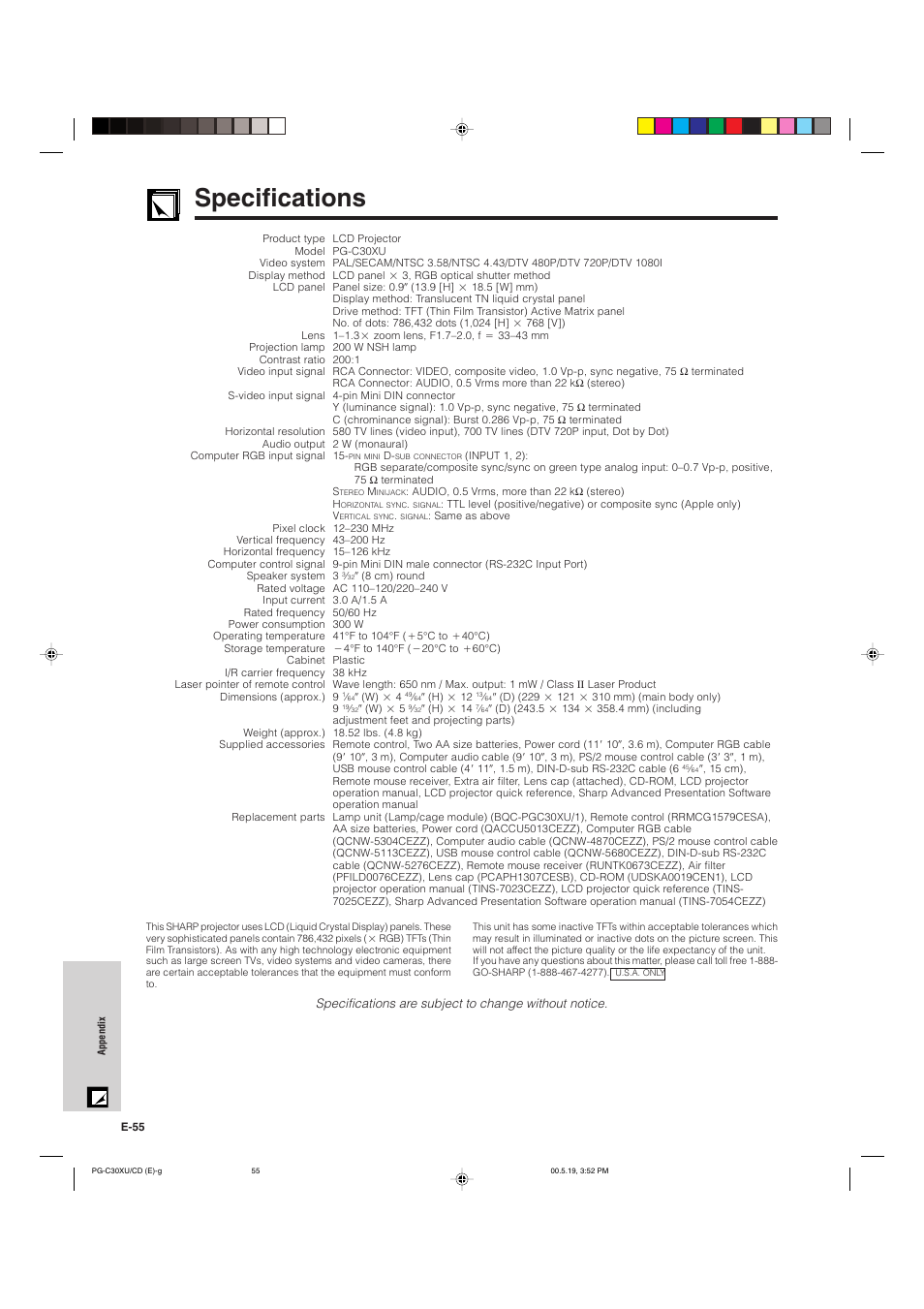 Specifications | Sharp PG-C30XU User Manual | Page 56 / 64