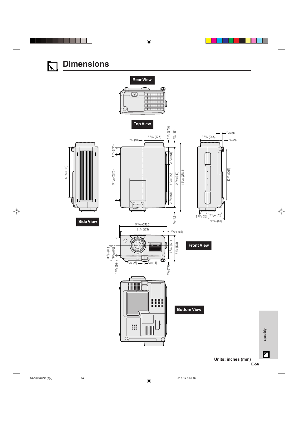 Dimensions, Rear view | Sharp PG-C30XU User Manual | Page 57 / 64