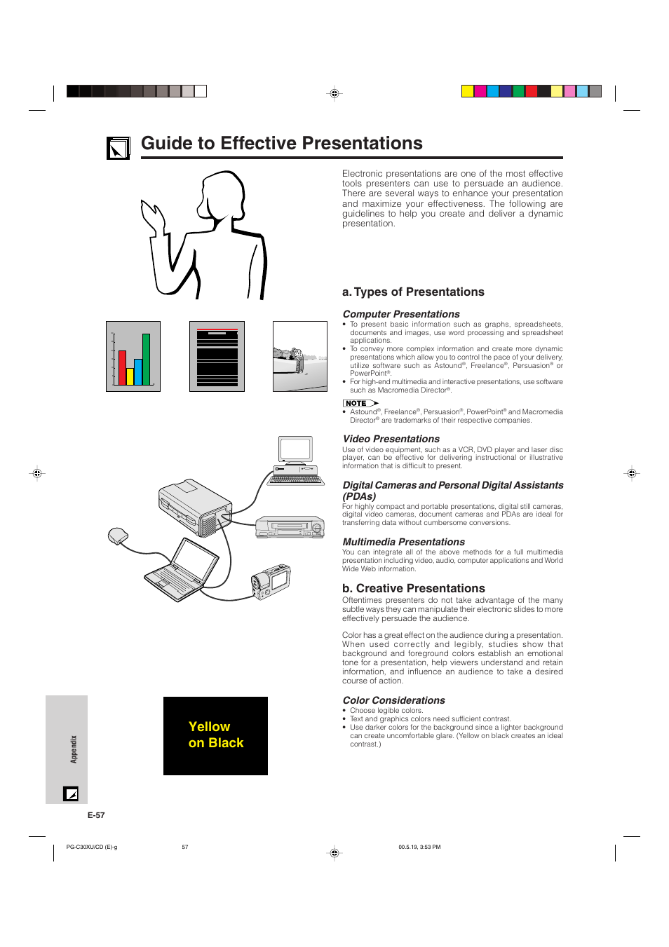 Guide to effective presentations, Yellow on black, A. types of presentations | B. creative presentations, Computer presentations, Video presentations, Multimedia presentations, Color considerations | Sharp PG-C30XU User Manual | Page 58 / 64
