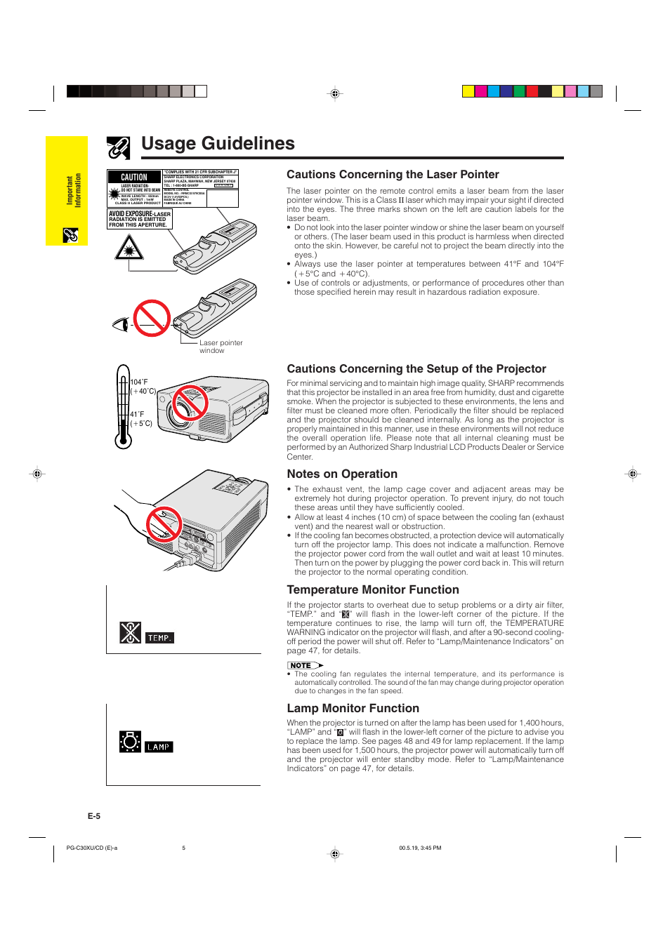 Usage guidelines, Temperature monitor function, Lamp monitor function | Cautions concerning the laser pointer, Cautions concerning the setup of the projector | Sharp PG-C30XU User Manual | Page 6 / 64