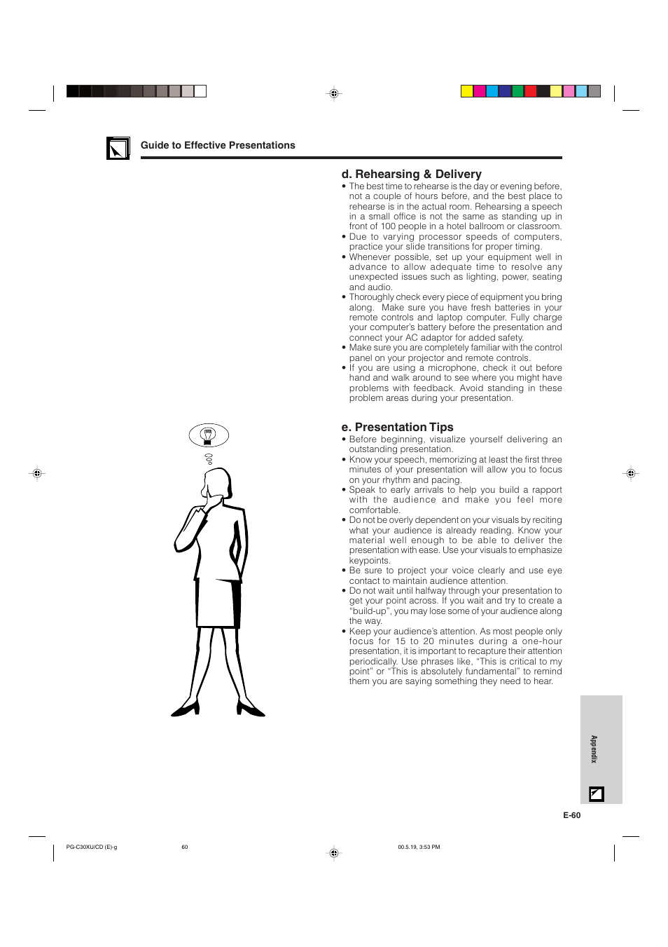 D. rehearsing & delivery, E. presentation tips | Sharp PG-C30XU User Manual | Page 61 / 64
