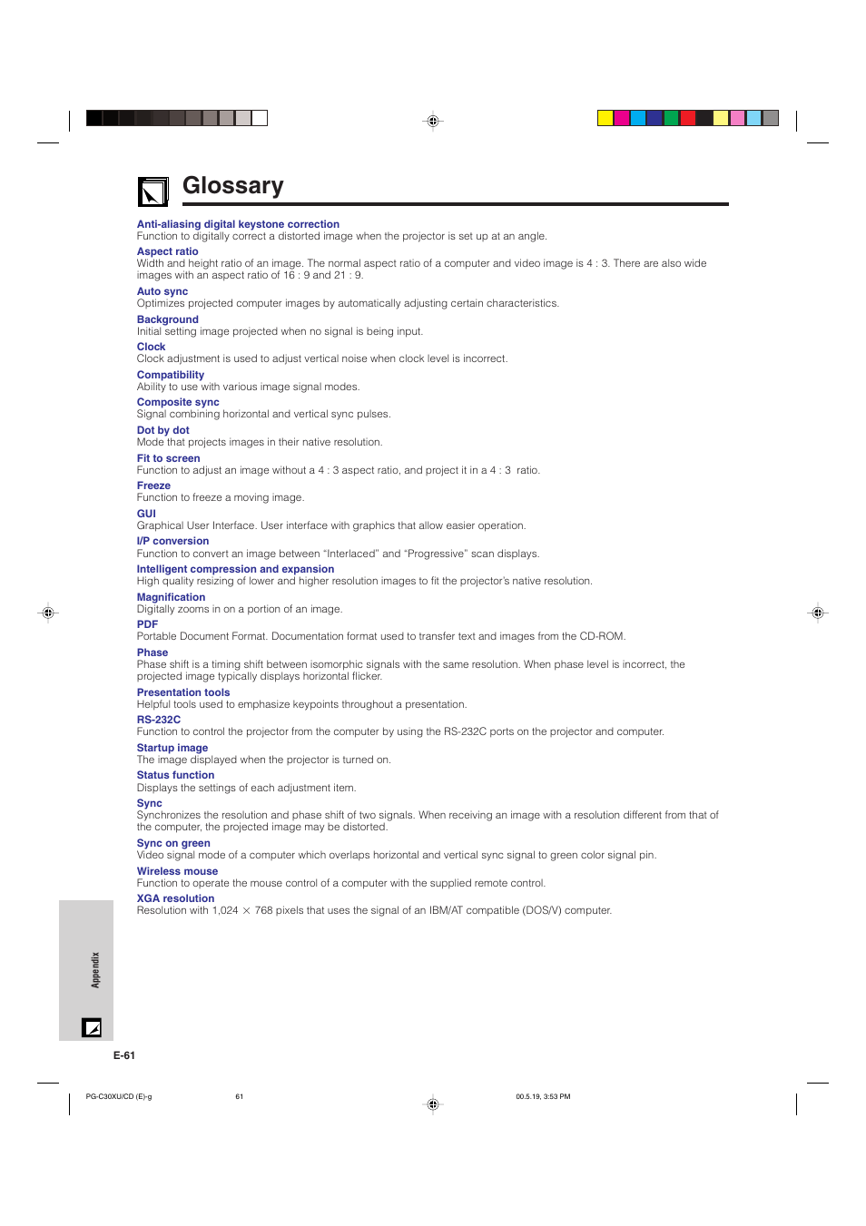 Glossary | Sharp PG-C30XU User Manual | Page 62 / 64