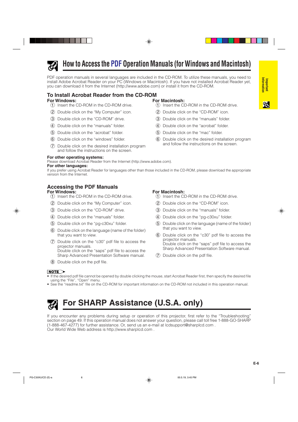 For sharp assistance (u.s.a. only), Accessing the pdf manuals | Sharp PG-C30XU User Manual | Page 7 / 64