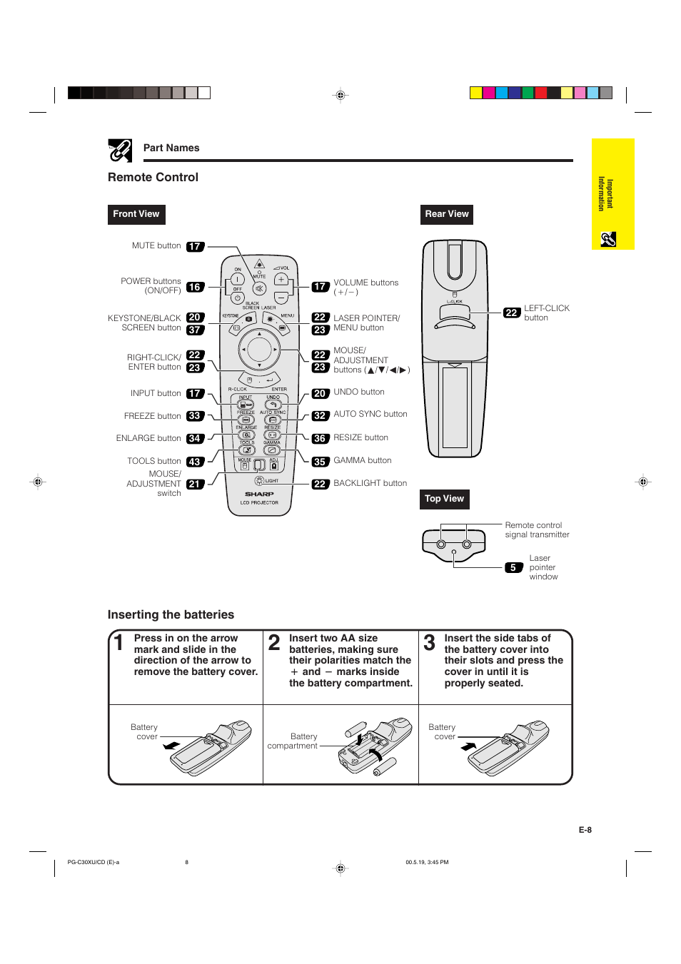 Inserting the batteries, Remote control | Sharp PG-C30XU User Manual | Page 9 / 64