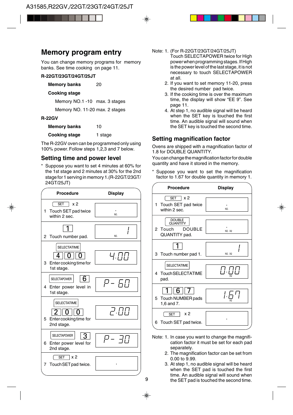 Setting time and power level, Setting magnification factor | Sharp R-22GT User Manual | Page 10 / 24