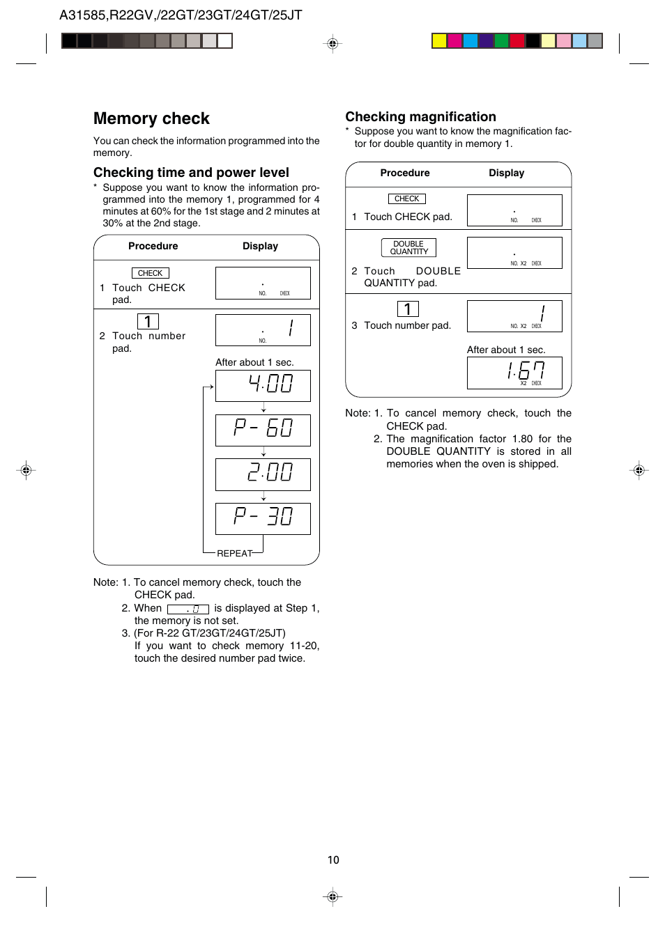 Checking time and power level, Checking magnification | Sharp R-22GT User Manual | Page 11 / 24