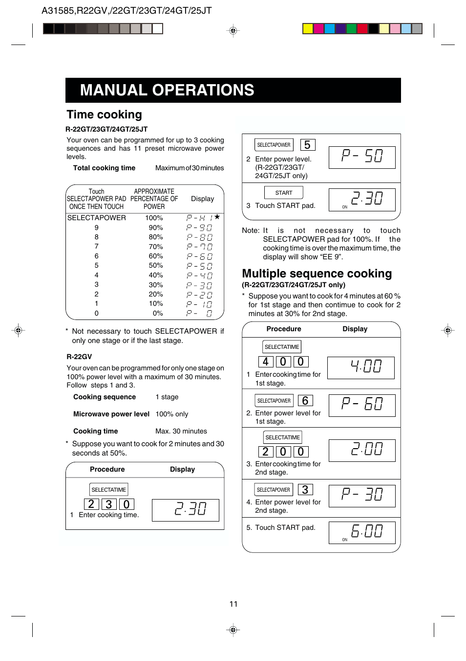 Manual operations, Time cooking, Multiple sequence cooking | Sharp R-22GT User Manual | Page 12 / 24