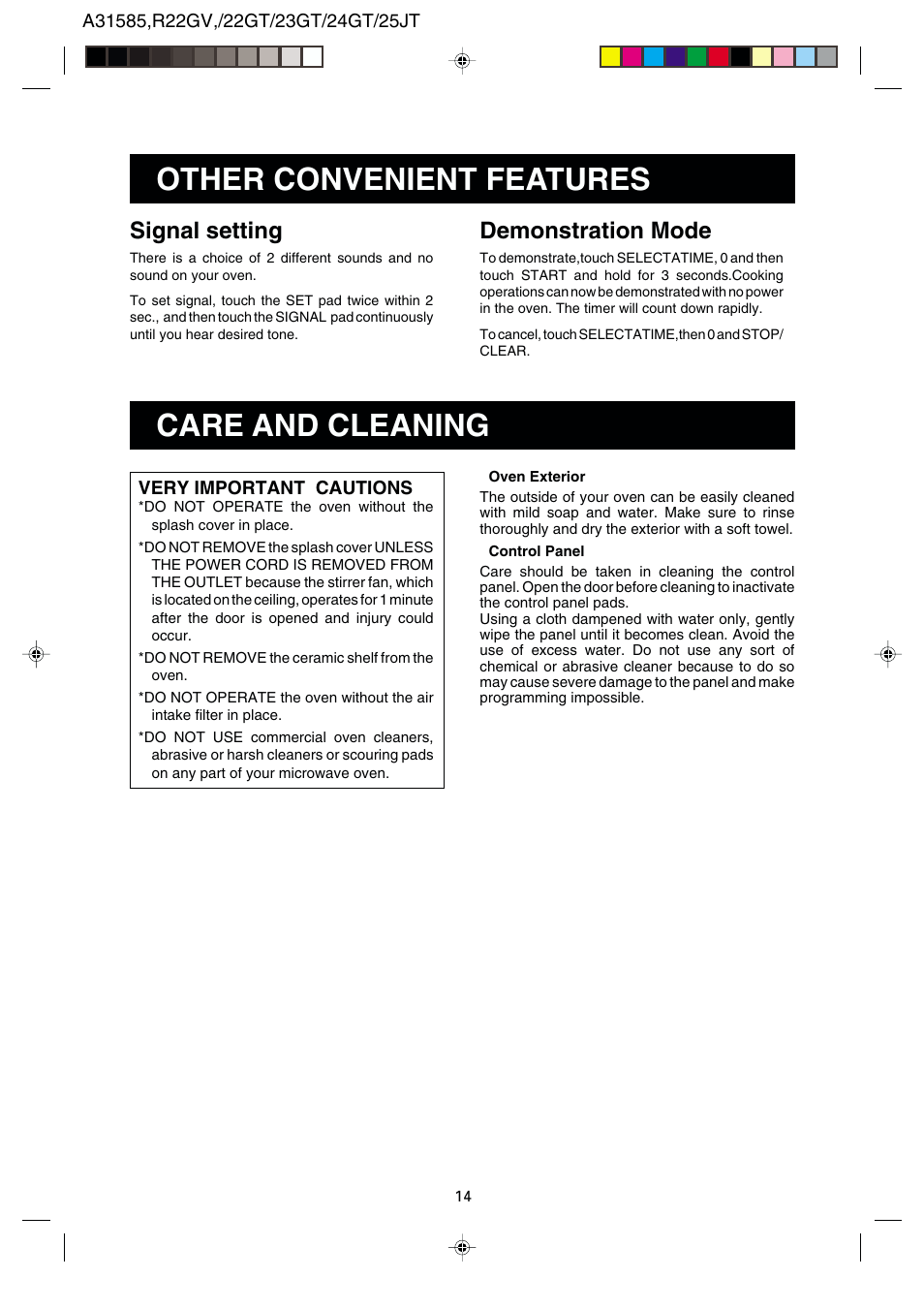 Other convenient features, Care and cleaning, Demonstration mode | Signal setting | Sharp R-22GT User Manual | Page 15 / 24