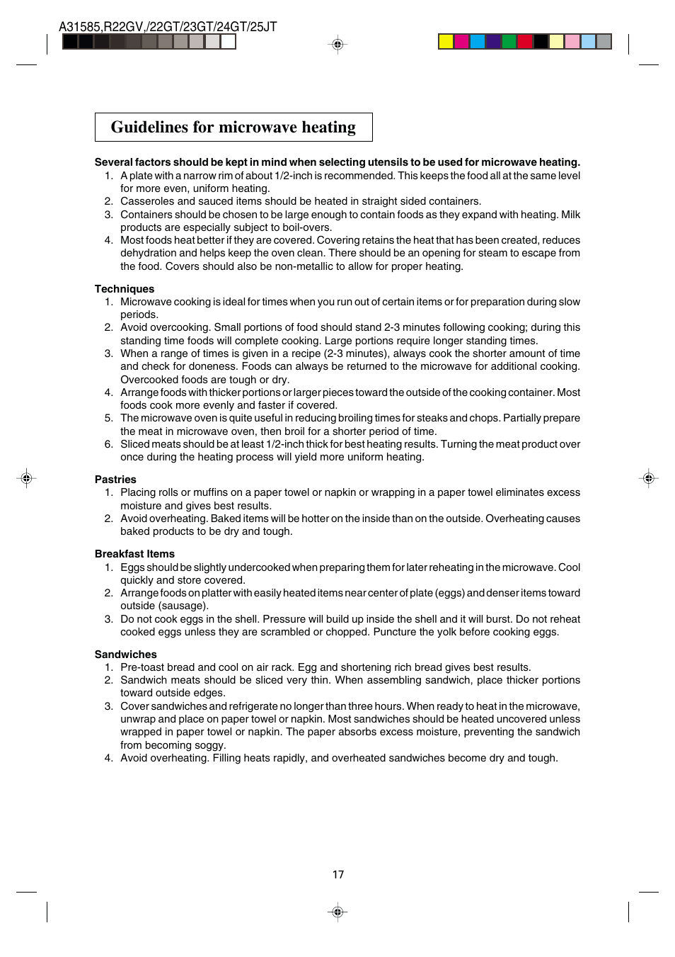 Guidelines for microwave heating | Sharp R-22GT User Manual | Page 18 / 24