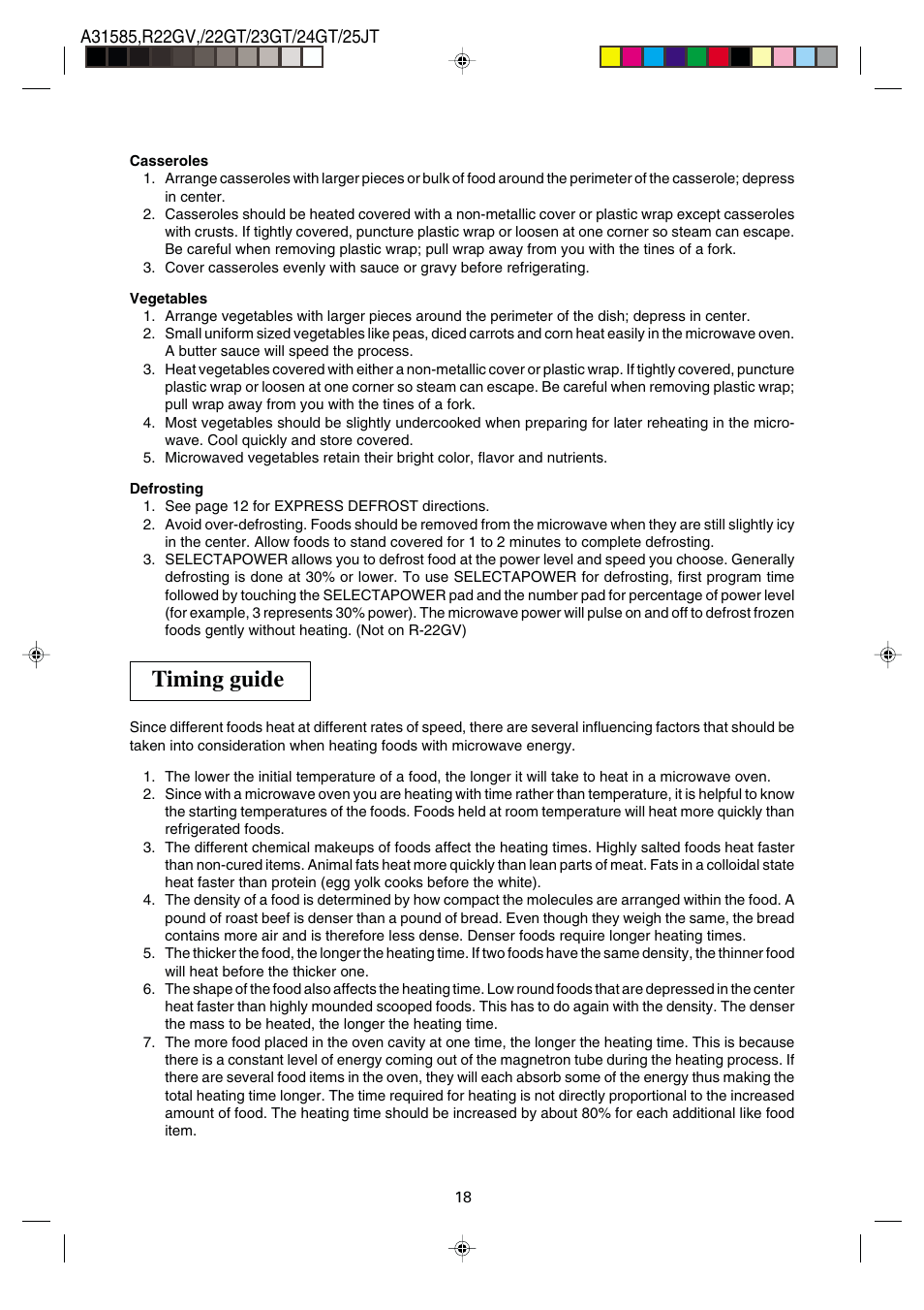 Timing guide | Sharp R-22GT User Manual | Page 19 / 24