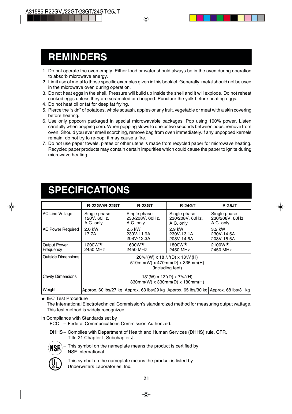 Reminders specifications | Sharp R-22GT User Manual | Page 22 / 24